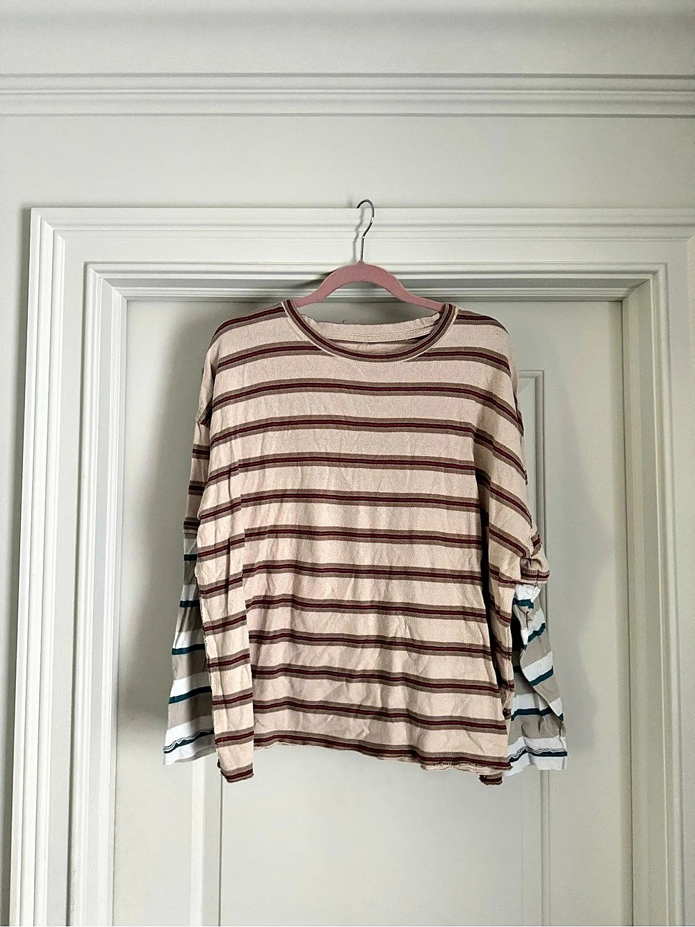 Free People We The Free Striped Long Sleeve Top in Beige & Red Size Medium